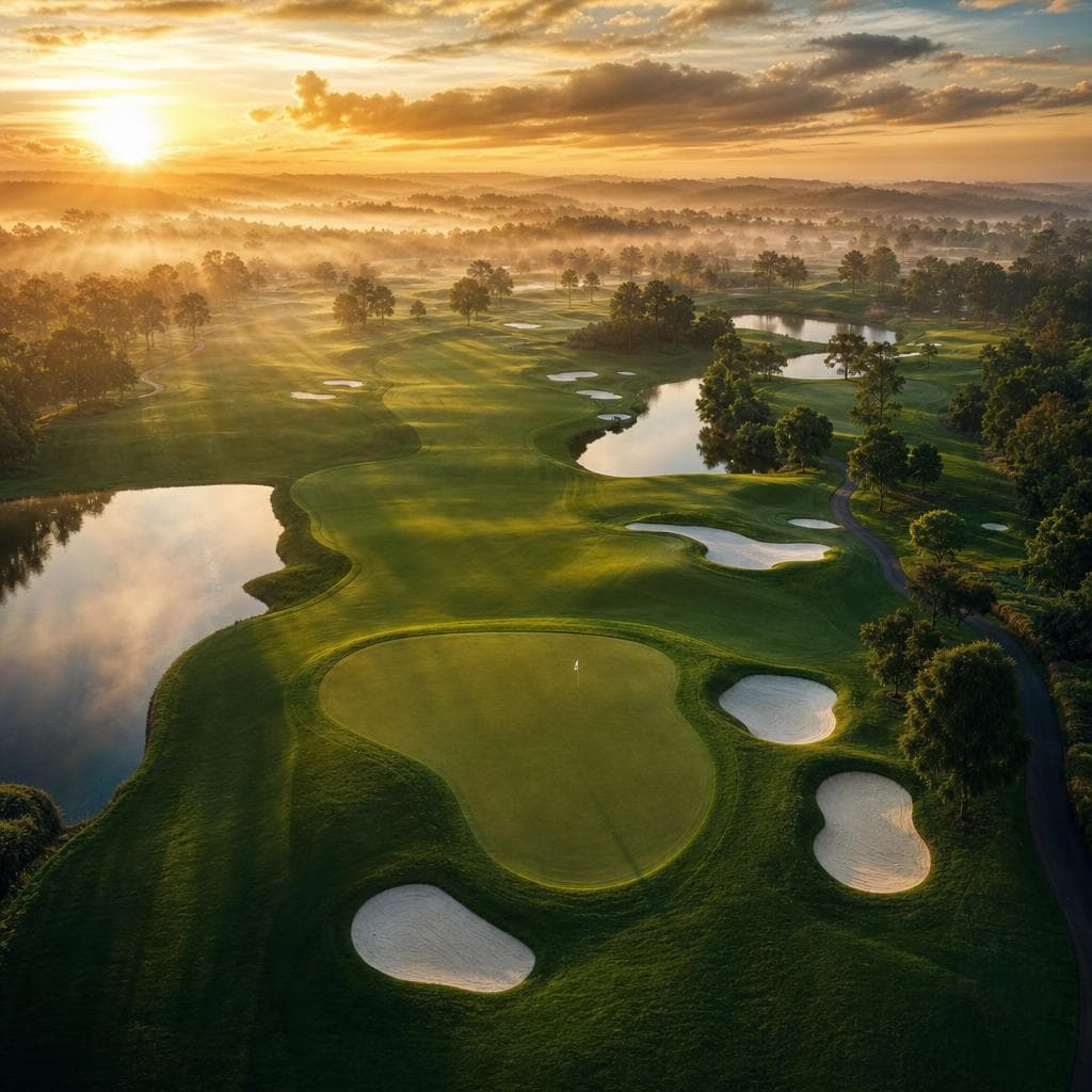 A golf course at sunrise